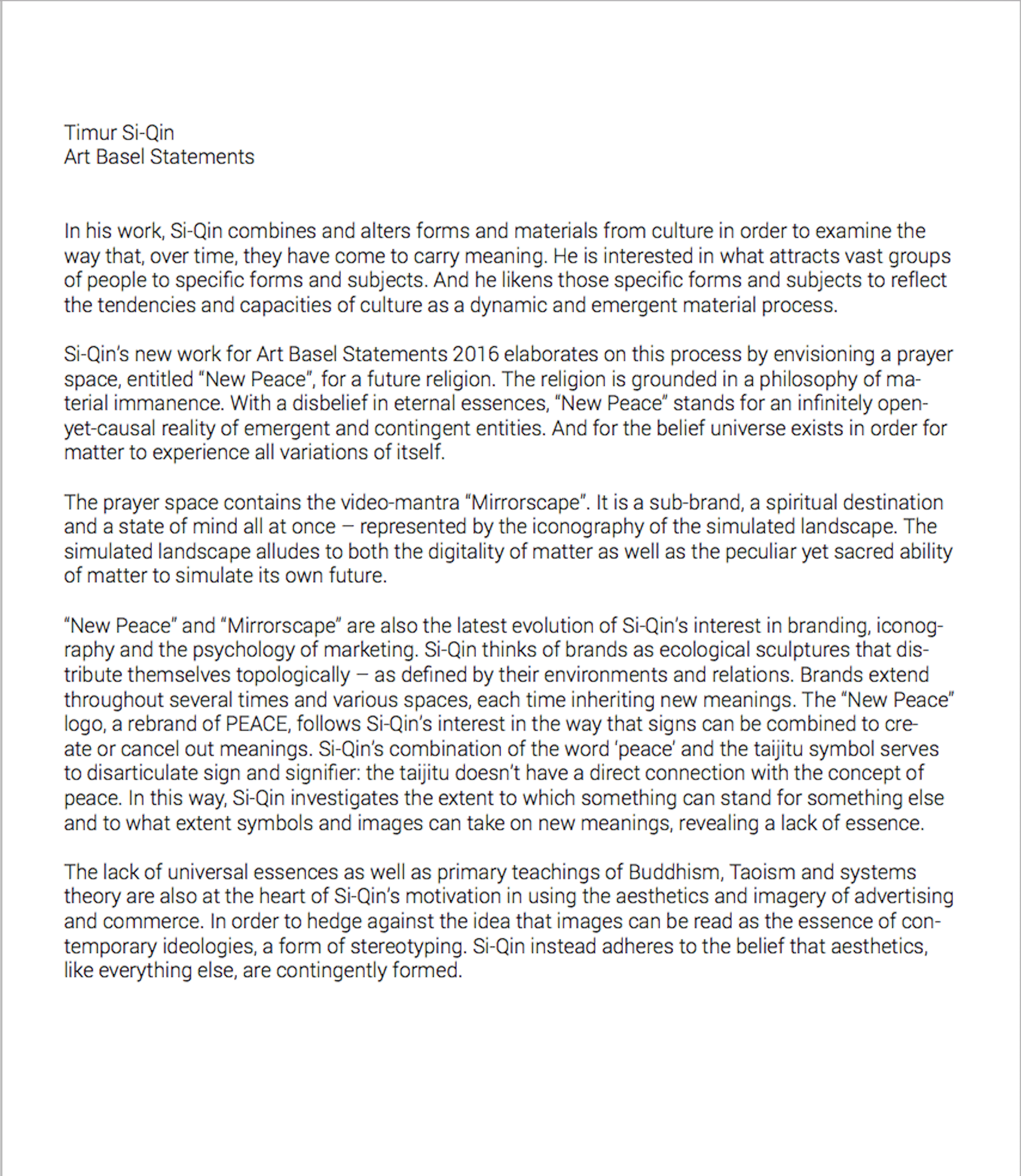 Timur Si Qin Press Release 2016